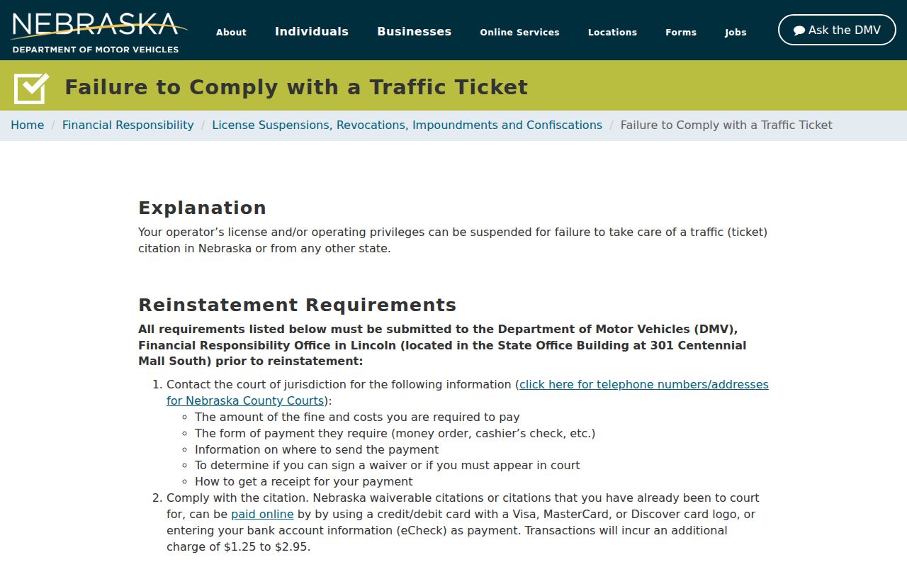 Arthur County bench warrants, Nebraska DMV compliance and reinstatement