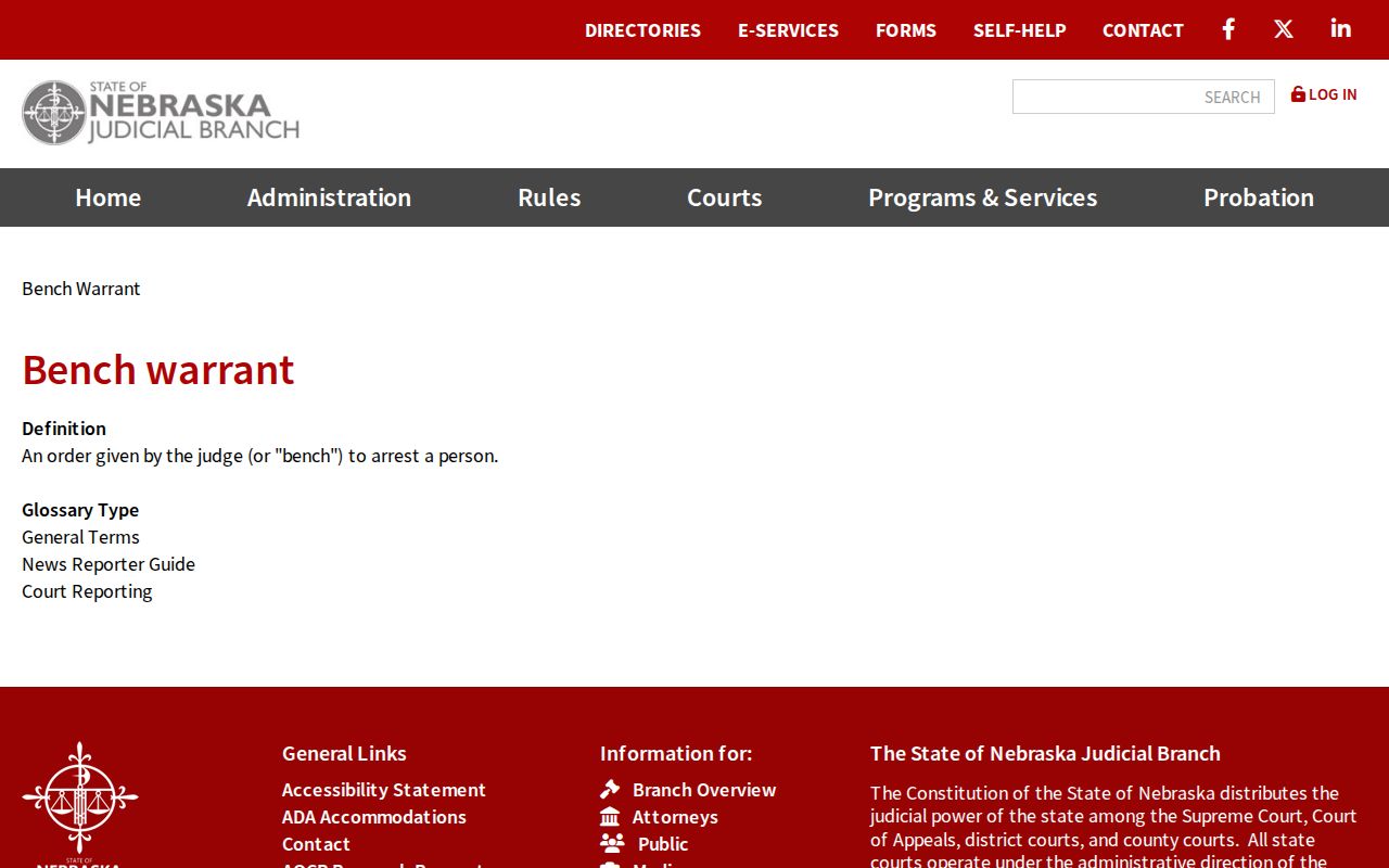 Arthur County bench warrants, official Nebraska bench warrant definition