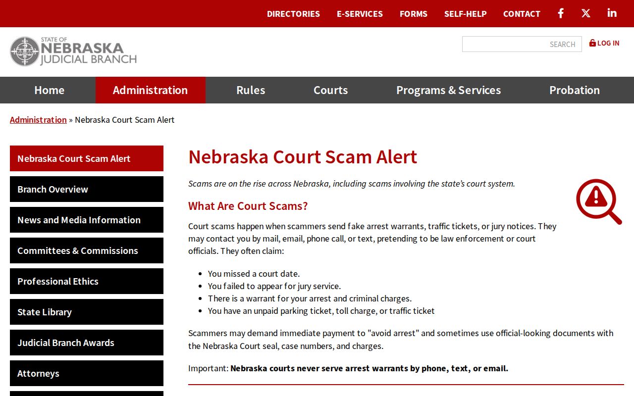 Arthur County bench warrants, official court scam and safe contact warning
