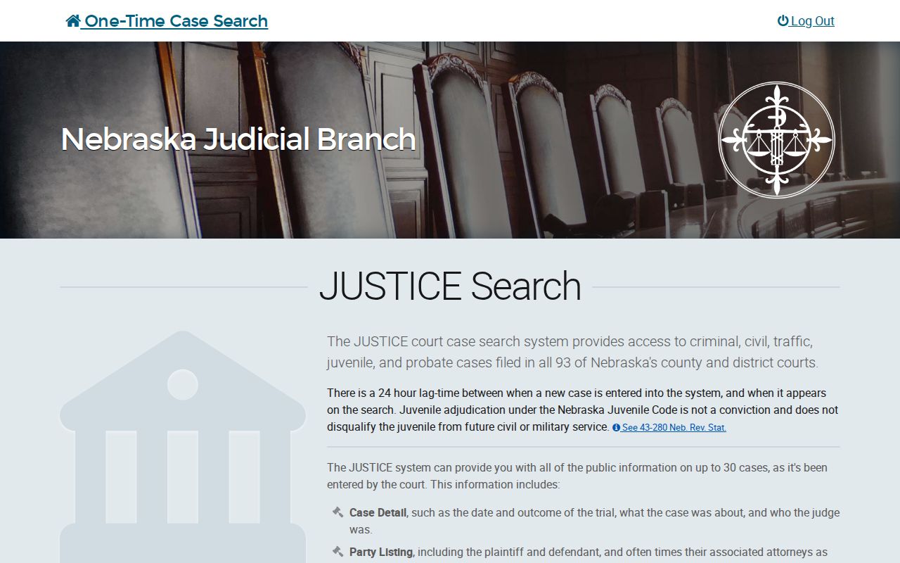 Arthur County warrant records, Nebraska JUSTICE case search fields